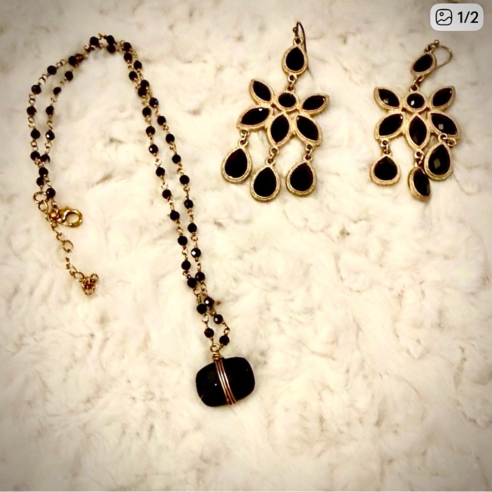 Gold and Black Floral Drop Earrings and necklace
